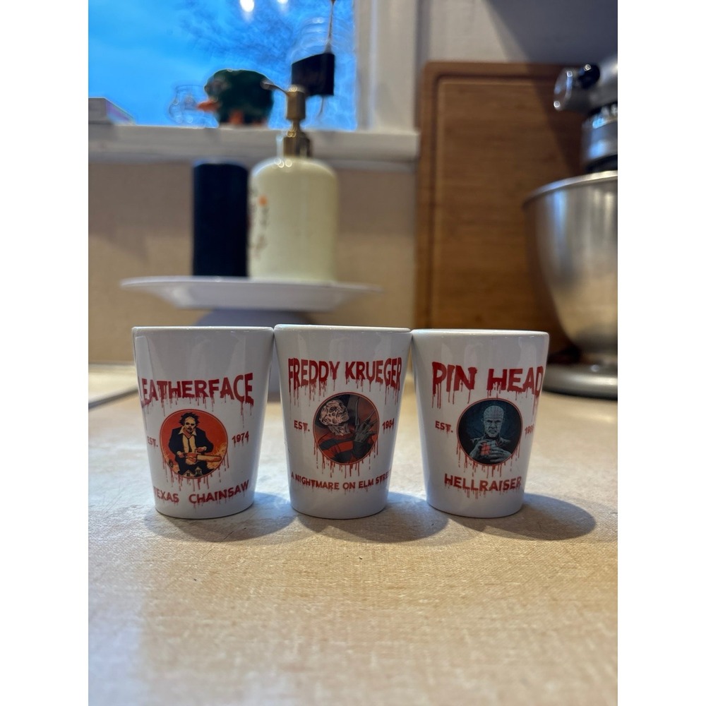 Horror Movie Shot Glass Set Freddy Krueger Pinhead Leatherface 3pc White Red